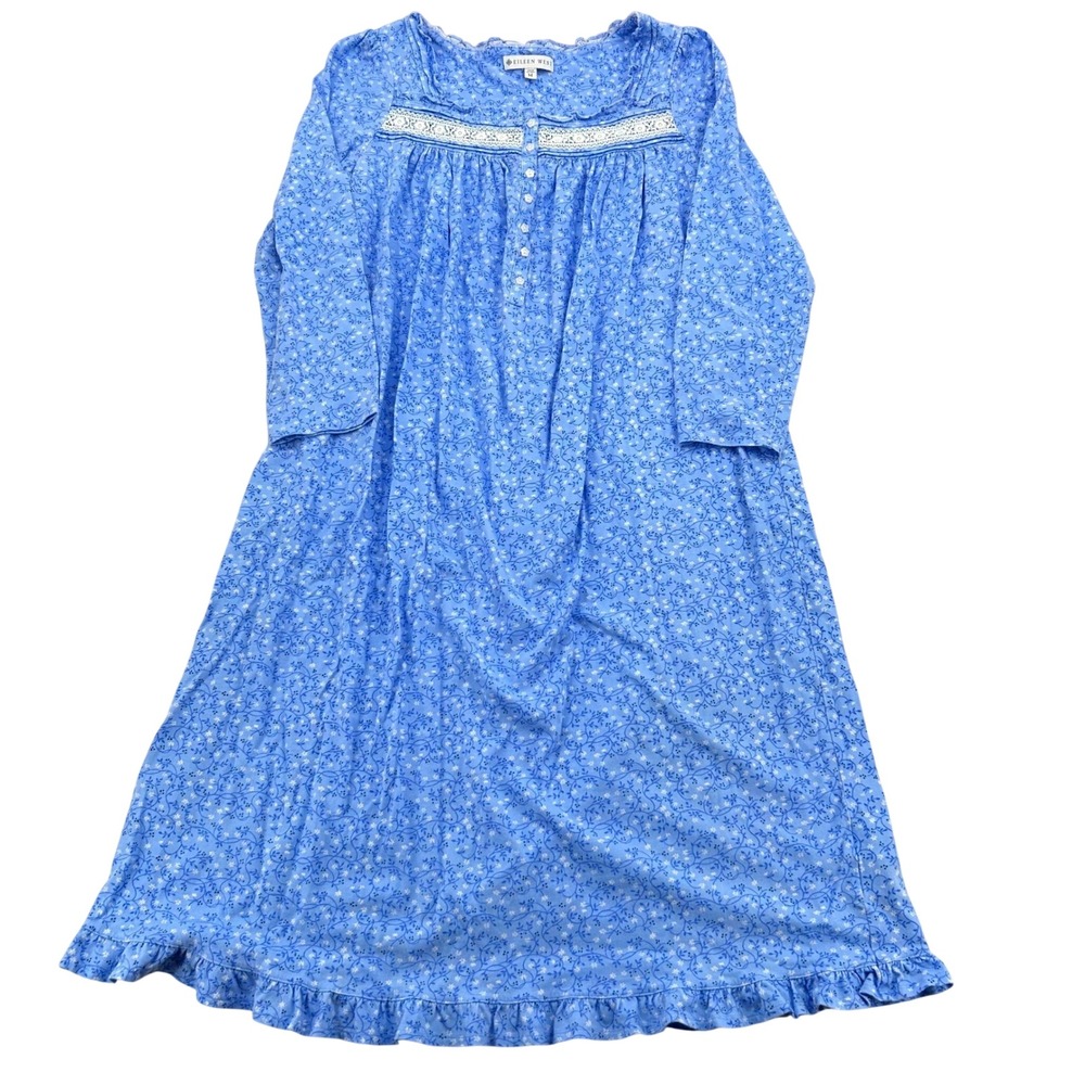 Eileen West Nightgown Womens M Blue Cotton Floral Ruffle Mid-Weight Long Sleeves